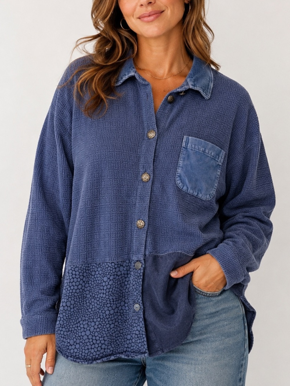 Hot Cotton Patchwork Shacket Womens Size Large Velvet Corduroy Mix Shirt Jacket